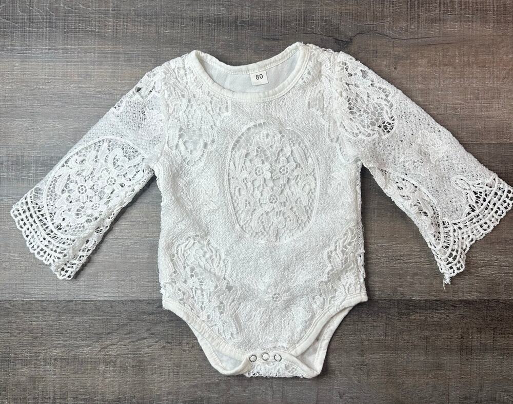 Baby Girl White Crochet Long Sleeve Onesie Flare Sleeves 12 Months